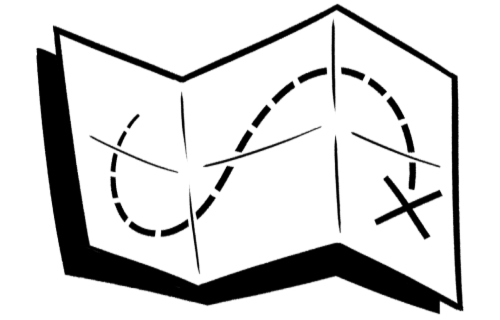Map with a dotted line leading to an X