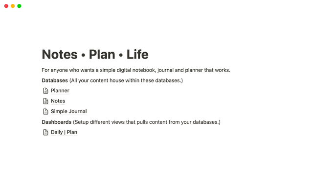 Notes โข Plan โข Life | Simple integrated Notion planner